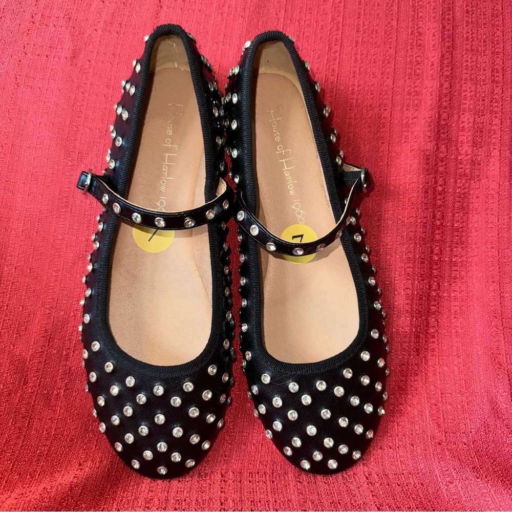 HOUSE OF HARLOWE‎ 1960 Mary Jane Flats, Black with Rhinestones, Size 7, EUC